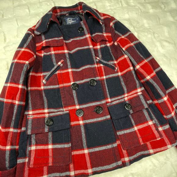 🔥American Eagle Wool Blend Plaided Red Blue Military Style Peacoat Jacket Sz M - Picture 2 of 16